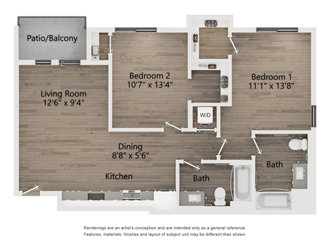 Floor plan for 2 beds, 2 baths, 967 sqft
